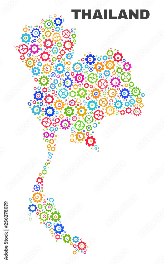 Mosaic technical Thailand map isolated on a white background. Vector geographic abstraction in different colors. Mosaic of Thailand map combined of scattered multi-colored cog items. Mosaic technical Thailand map isolated on a white background. Vector geographic abstraction in different colors. Mosaic of Thailand map combined of scattered multi-colored cog items.