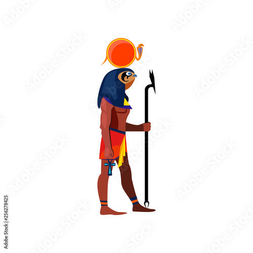 Egyptian bird person. Horus with snake on head, ankh cross and stick. Can be used for topics like culture, mythology, heritage