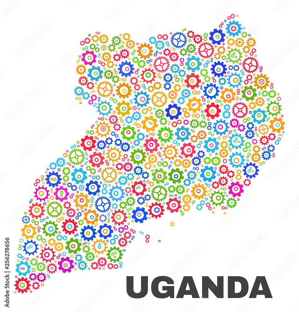Mosaic technical Uganda map isolated on a white background. Vector geographic abstraction in different colors. Mosaic of Uganda map composed from random multi-colored gearwheel items.