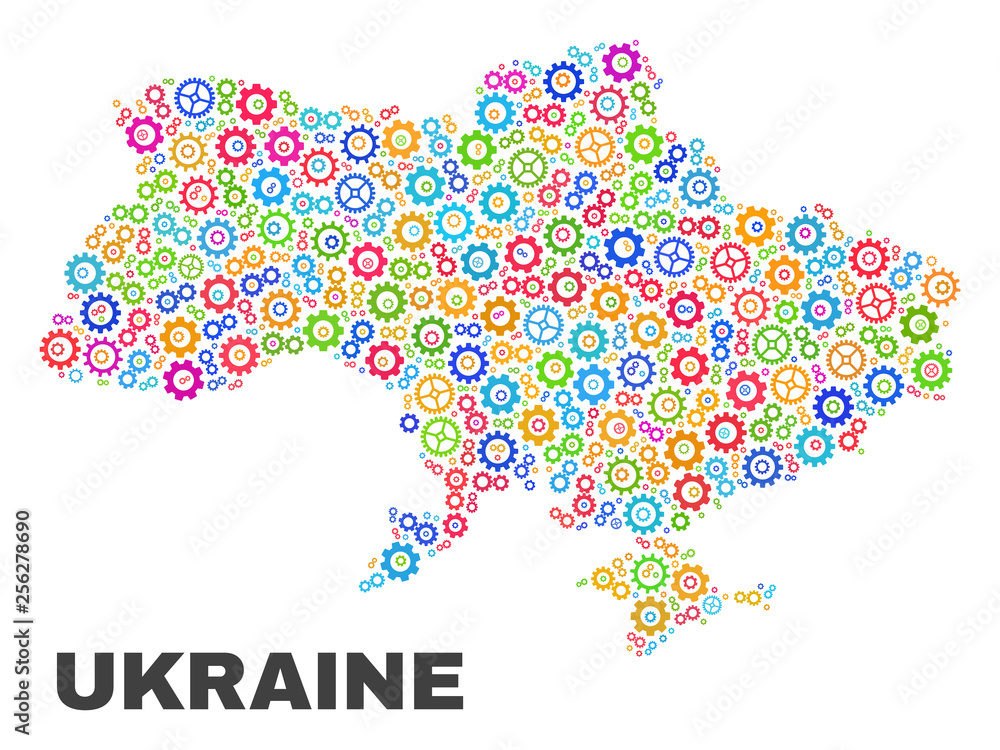 Obraz premium Mosaic technical Ukraine map isolated on a white background. Vector geographic abstraction in different colors. Mosaic of Ukraine map designed from scattered multi-colored gear elements.