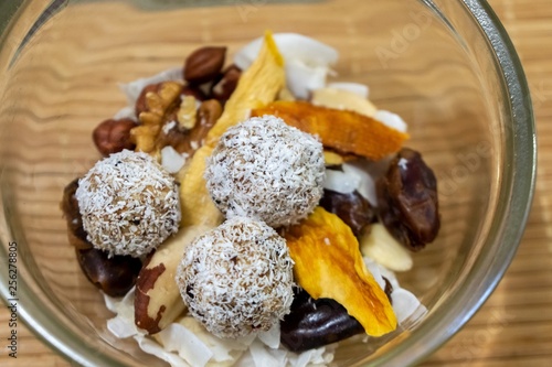 Bowl with nuts and dried fruits and raw balls. Slovakia