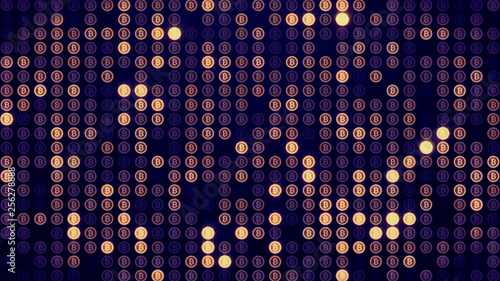 Bitcoin background, crypto virtual payment finance, BTC background, BTC mining. Background with signs of Bitcoin. Shining Bitcoin abstract background