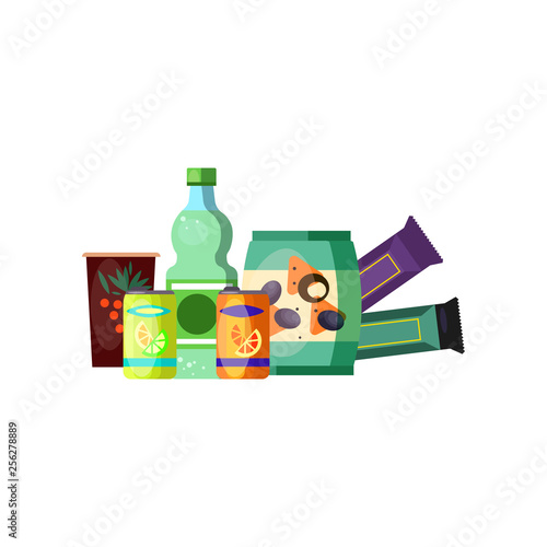 Snacks for vending machine. Chips, candies and soft drinks. Can be used for topics like food, unhealthy eating, party