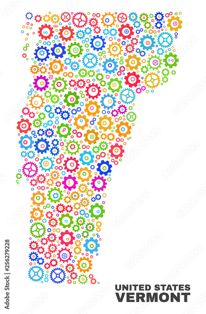 Mosaic technical Vermont State map isolated on a white background. Vector geographic abstraction in different colors. Mosaic of Vermont State map combined of random multi-colored gearwheel items.