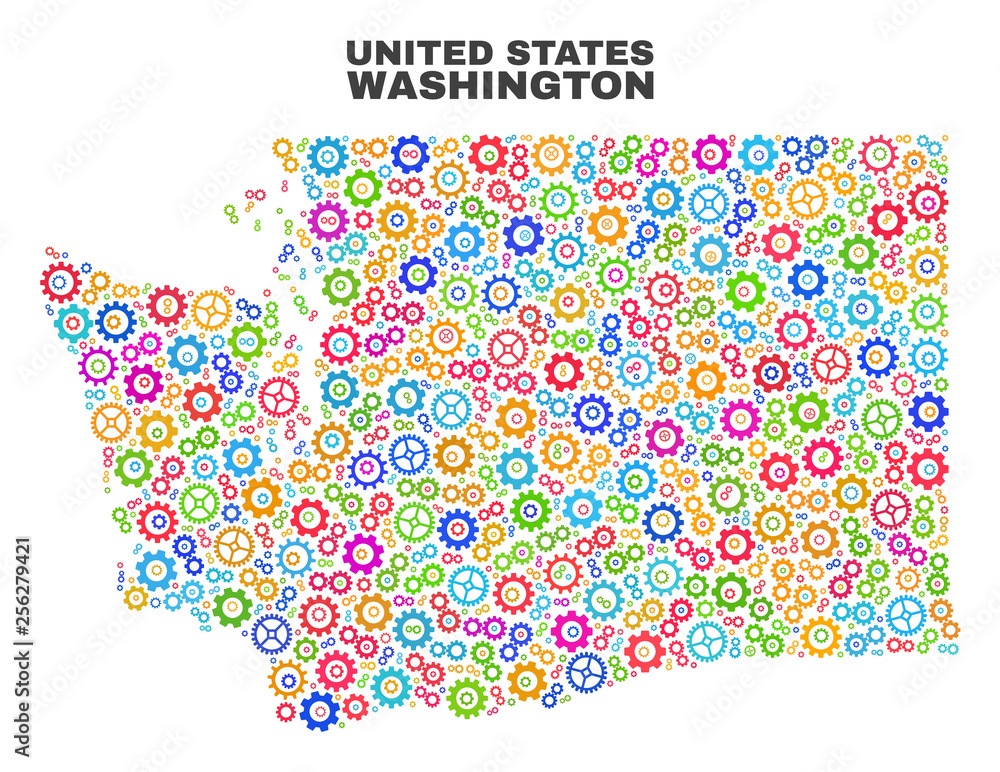 Mosaic technical Washington State map isolated on a white background. Vector geographic abstraction in different colors. Mosaic of Washington State map combined of random bright cog elements.