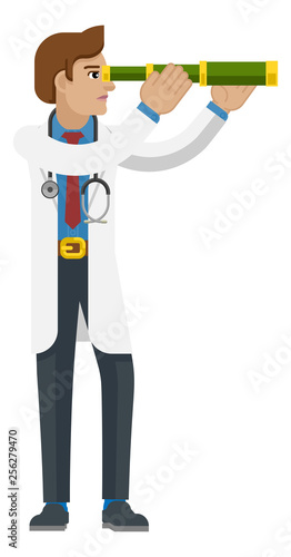 A medical doctor cartoon character mascot looking through a telescope or spyglass concept