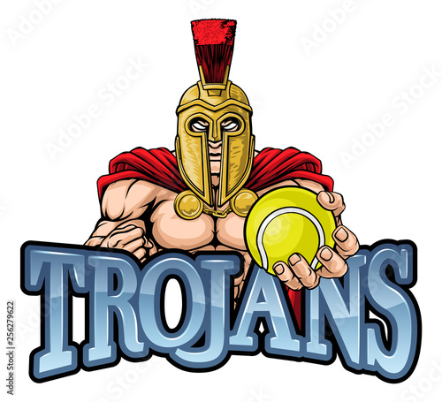 A Spartan or Trojan warrior Tennis sports mascot holding a ball