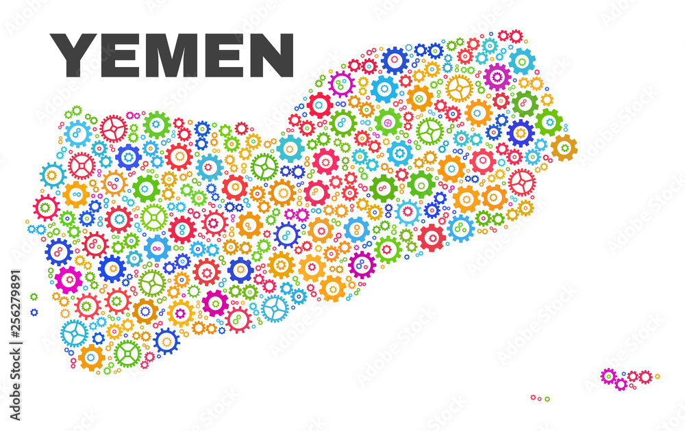Mosaic technical Yemen map isolated on a white background. Vector geographic abstraction in different colors. Mosaic of Yemen map combined of scattered multi-colored gear elements. Mosaic technical Yemen map isolated on a white background. Vector geographic abstraction in different colors. Mosaic of Yemen map combined of scattered multi-colored gear elements.