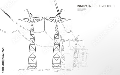 Low poly high voltage power line silhouette. Electricity supply industry pylons outlines on dark night blue sky. Innovation ecectrical technology banner template vector illustration