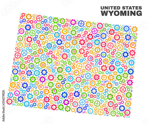 Mosaic technical Wyoming State map isolated on a white background. Vector geographic abstraction in different colors. Mosaic of Wyoming State map combined of scattered bright gear items.