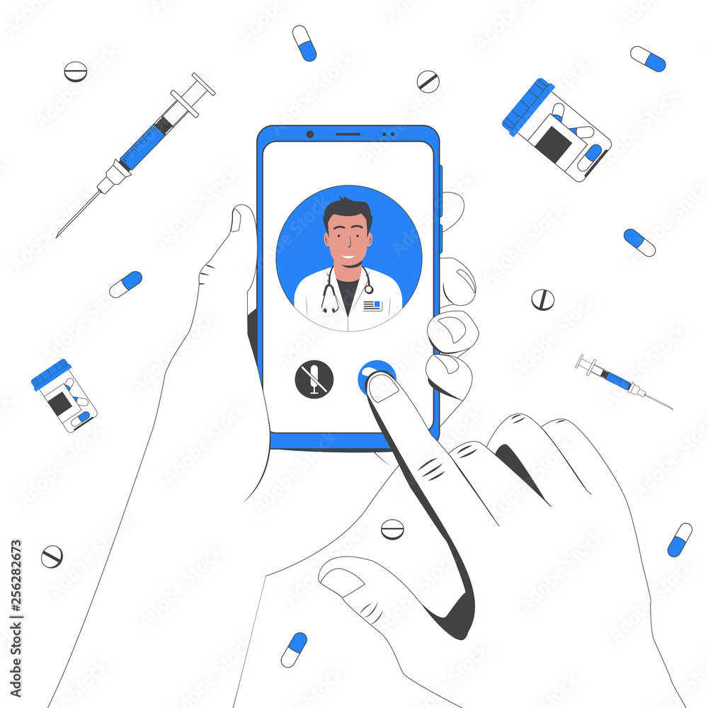 Fototapeta premium Online doctor. Online medical consultation and support. Hand holds a smartphone with an online clinic app. Vector illustration