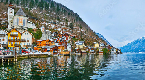 Hallstatt housing and Catholic church, Salzkammergut, Austria photo