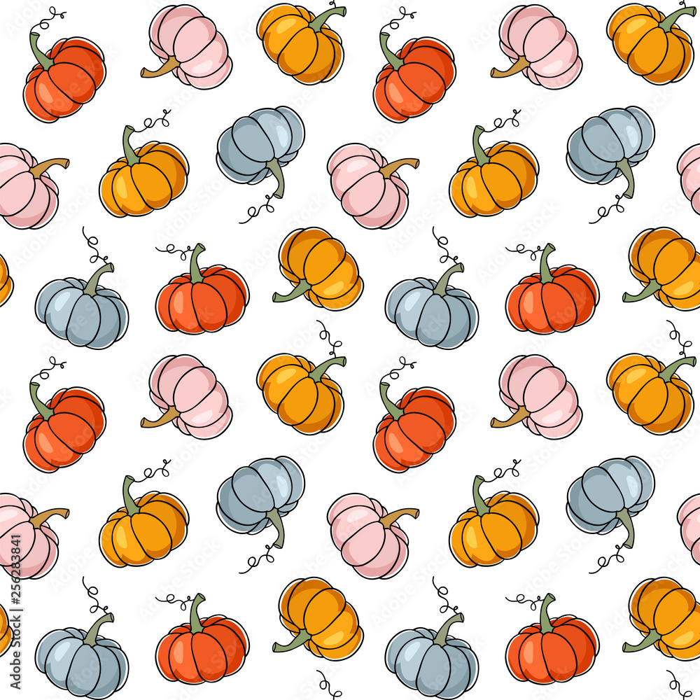 Cute colorful pumpkins. Seamless vector pattern with gourds.