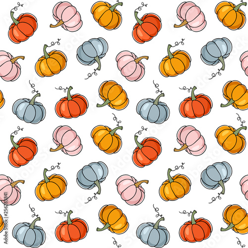 Cute colorful pumpkins. Seamless vector pattern with gourds.