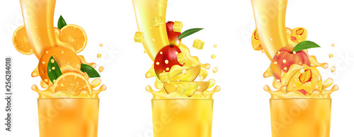 Fresh juice Mango, Orange, Peach and splash. Flow of liquid with drops and sweet tropical fruit 3d realistic vector illustration, isolated on white background. Package design or poster
