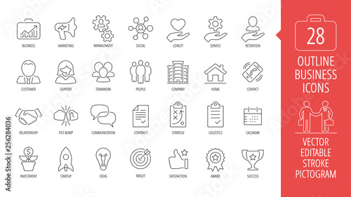Vector business isolated editable stroke thin line icon set with marketing, customer, relationship, fist bump, communication, contract, strategy, logistics, calendar and more outline sign.