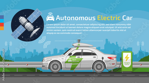 Vector autonomous self drive electric sedan car mockup with communication GPS radar satellite, charge station, road and city background.