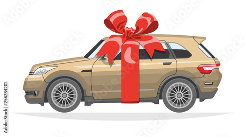 Mockup crossover utility vehicle (CUV) car gift for present with red bow and ribbon. The ability to easily change the color.