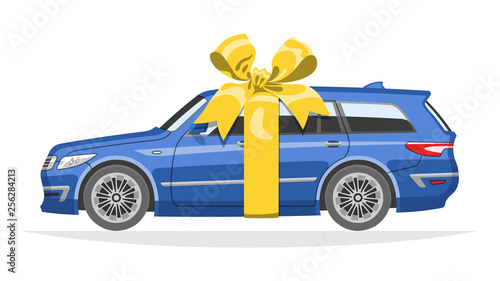 Mockup station wagon car gift for present with yellow bow and ribbon. The ability to easily change the color.