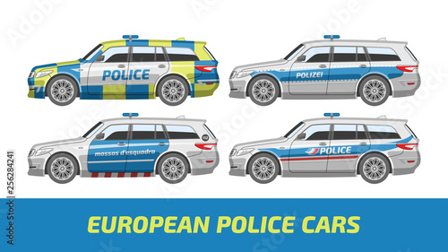 Flat european police cars. Vector illustration station wagon patrols. Different safety germany, britain, france and spain automobile set. Protection vehicles.