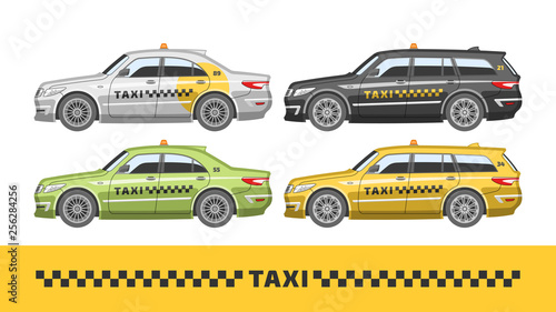 Flat colorful taxi type. Vector illustration sedan and station wagon cab. Different passenger service automobile set. Commercial vehicles.
