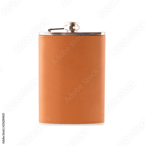 Mockup of leather hip flask for alcoholic drinks isolated on white background photo