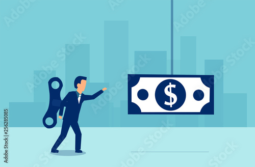 Vector of a businessman with a wind up key on his back walking towards a dollar banknote