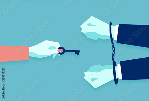 Vector of a female hand, unlocking male from handcuffs by key sending him free