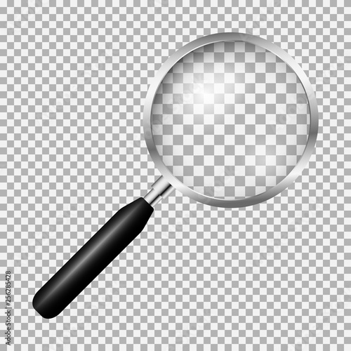 Realistic magnifying glass isolated on transparent background, vector illustration