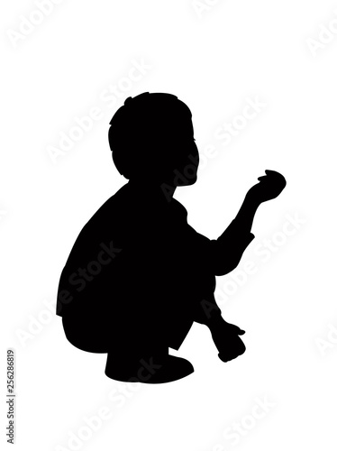 child sitting and raised hand, asking money, silhouette vector