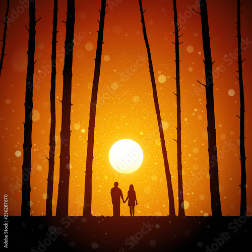 Lovers in forest at red sunset. Vector conceptual illustration with silhouette of loving couple. Summer bright landscape with setting sun and flying fluff