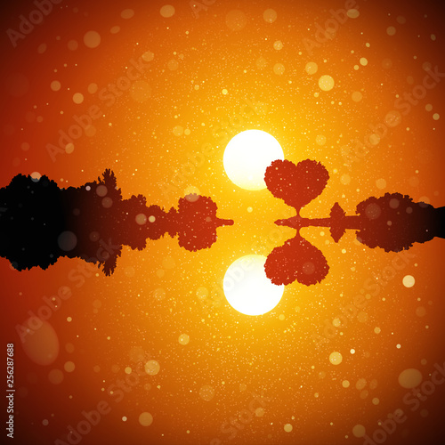 Romantic landscape at red sunset. Vector conceptual illustration with silhouette of tree in shape of heart. Summer bright landscape with setting sun and flying fluff