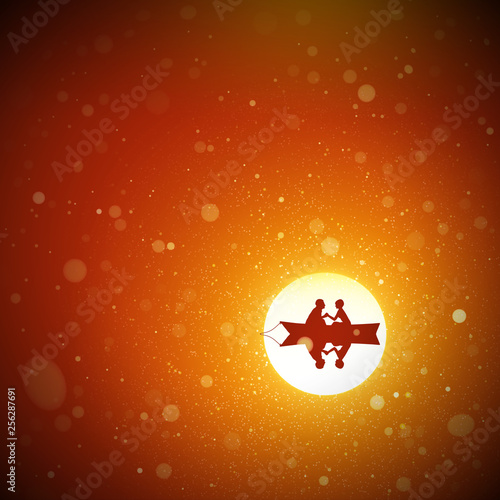Lovers in boat at red sunset. Vector conceptual illustration with silhouette of loving couple. Summer bright landscape with setting sun and flying fluff