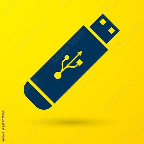 Blue USB flash drive icon isolated on yellow background. Vector Illustration