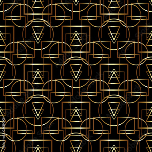 Golden geometric seamless pattern on black background.
