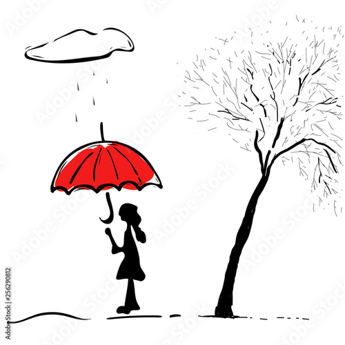 Girl with an umbrella in rainy weather. Vector illustration