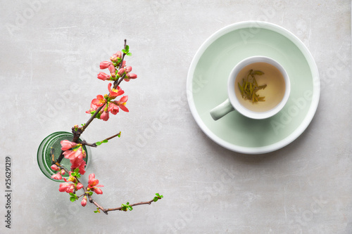 Photographie Springtime flat lay, cup of green tea and Japanese quince flowers on a grey ston