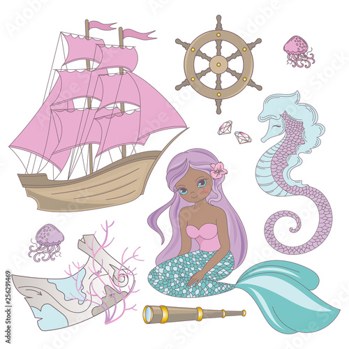 TRAVEL MERMAID Girl Princess Cartoon Sea Ocean Summer Tropical Cruise Vacation Vector Illustration Set for Print Fabric and Decoration