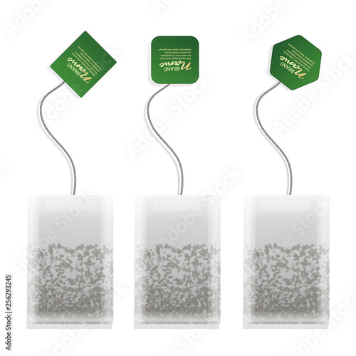Vector realistic illustration of tea bag with green label in different shapes isolated on white background