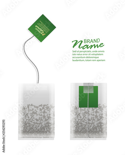 Vector realistic illustration of tea bag with green labels isolated on white background
