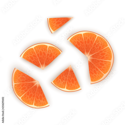 Bright vector set of colorful half, slices of orange. Fresh cartoon slices of orange on white background.