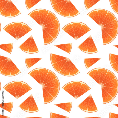 Seamless Endless Pattern with Print of Fresh orange slices, in cartoon style on white background. Can be used in food industry for wallpapers, posters, wrapping paper, Vector illustration