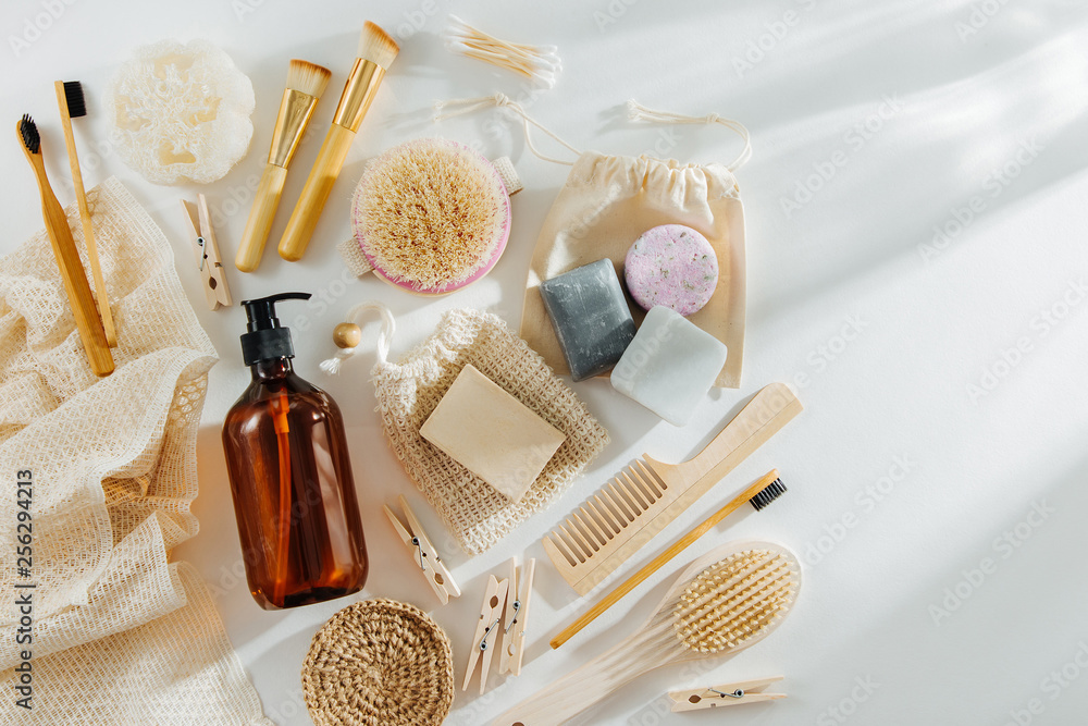 Set of Eco cosmetics products and tools. Soap, Shampoo Bottles, bamboo toothbrush, natural wooden brush. Zero waste, Plastic free. Sustainable lifestyle concept. Set of Eco cosmetics products and tools. Soap, Shampoo Bottles, bamboo toothbrush, natural wooden brush. Zero waste, Plastic free. Sustainable lifestyle concept.