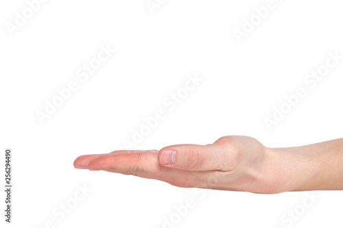 Close up hand with the palm up receiving or holding something. Isolated on white background. Helping hand.