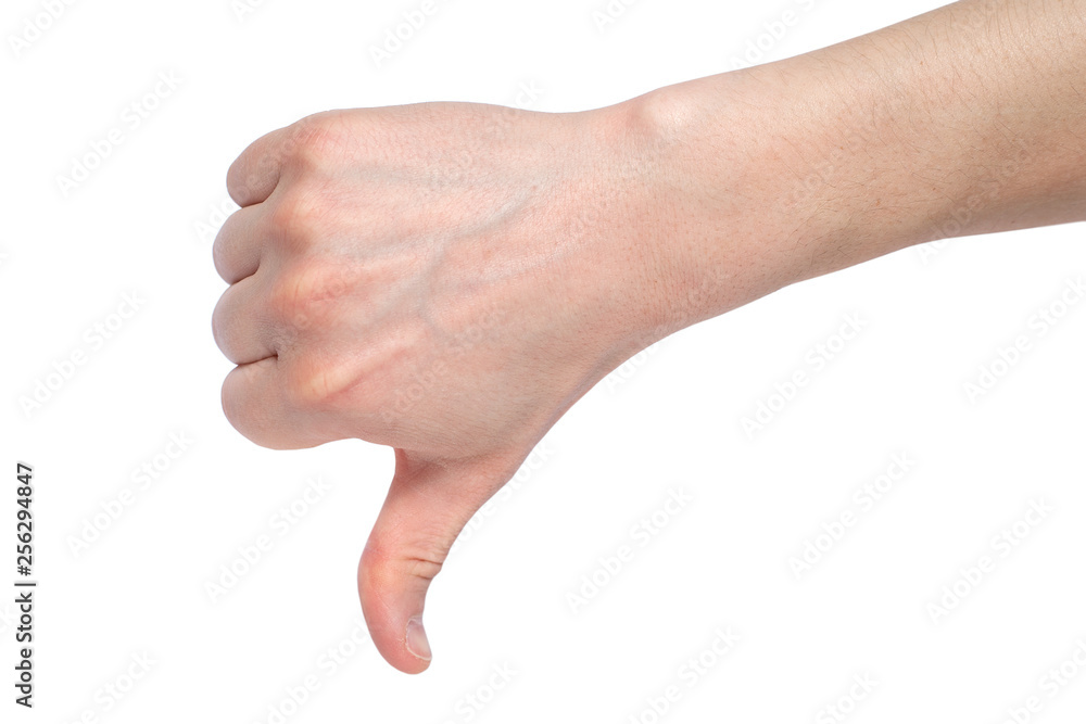 Male hand show thumb down isolated on white background, negative concept. Close up Male hand show thumb down isolated on white background, negative concept. Close up