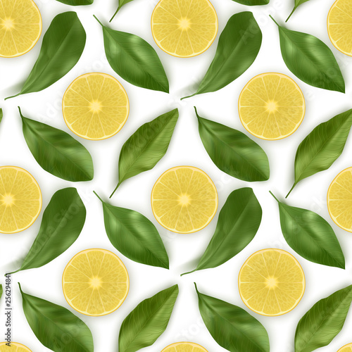 Seamless Endless Pattern with Print of Fresh Lemon slices, Lemon and leaves in realistic style on white background. Can be used in food industry for wallpapers, posters. Vector illustration