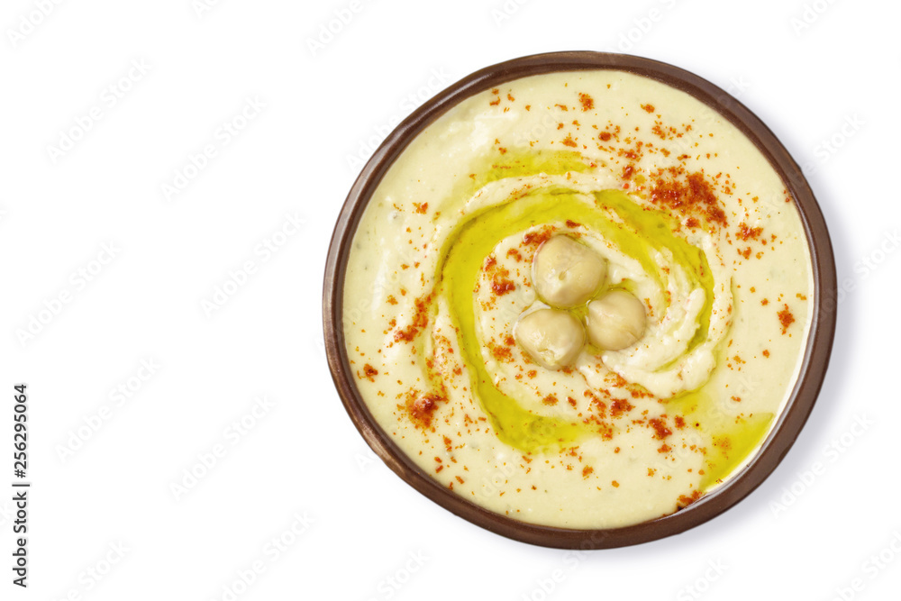 Chickpea hummus plate isolated on white background. Top view. Chickpea hummus plate isolated on white background. Top view.