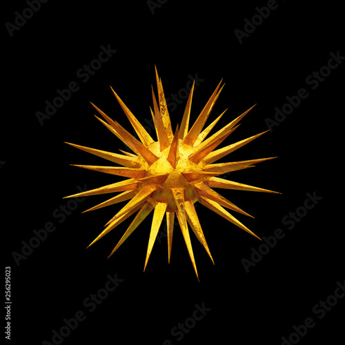 Golden star with spikes isolated on black background. Morgenstern