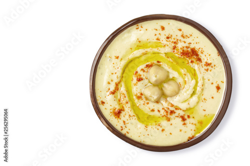 Chickpea hummus plate isolated on white background. Top view.