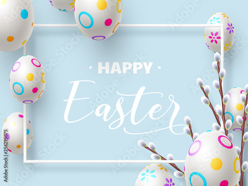 Happy Easter holiday composition with 3d Easter eggs and willow branches on blue background. Top view with copy space. Vector illustration. - Vector